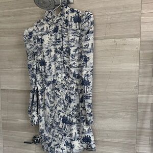 Blue and White Scenic Print Women's Dress